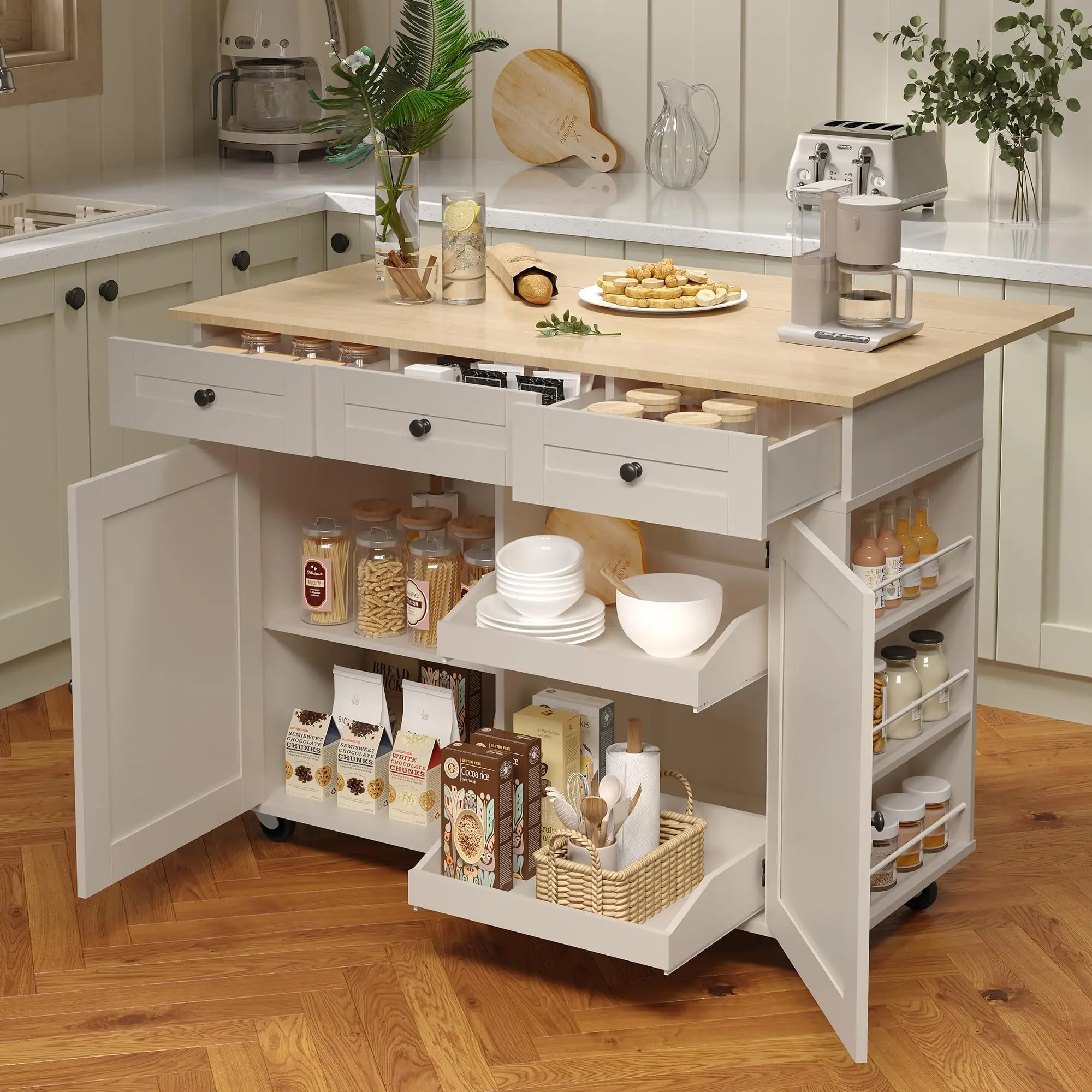Garvee Rolling Kitchen Island with Drop Leaf Countertop, Charging Station & Ample Storage - 47.2" Mobile Kitchen Cart On Wheels with Pull-Out Shelves, Drawers, Spice Rack & Organizer Divider