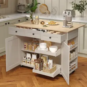 Garvee Rolling Kitchen Island with Drop Leaf Countertop, Charging Station & Ample Storage - 47.2" Mobile Kitchen Cart On Wheels with Pull-Out Shelves, Drawers, Spice Rack & Organizer Divider