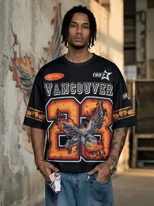 Mens Vancouver 23 Flame Eagle Graphic Oversized Round Neck Jersey Tee, Retro Streetwear Colorblock T Shirt, Casual Summer Top, Casual Summer Clothing #springsaledeals2026 #summeroutfits #streetwear #mensfashion