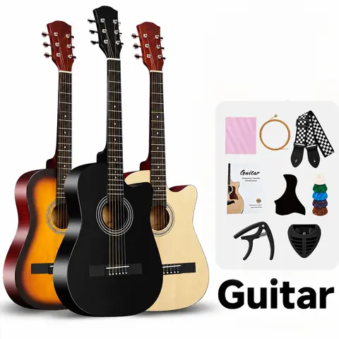 38-in Beginners' Acoustic Guitar Full Set - Entry-Level Wooden Folk Guitar with Full-Toned Sound, Natural Resonance, Color-Matched Accessories for Practice & Performance