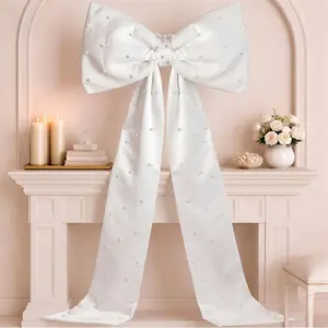 Giant White Bow with Pearl Wedding Wall Decor 40 x 24 Inch Oversized Coquette Large Bow Satin Ribbon Tie for Wedding Room Backdrop Decorations Birthday Party Holiday Supplies Outdoor Decor
