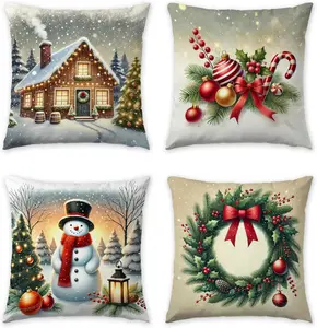 Christmas Pillow Covers 18x18 inch Set of 4 LinenDURABLE MATERIAL Holiday Winter Outdoor Vintage Tree Snowflake Xmas Snowman Neutral Farmhouse Gold Seasonal Burlap Decorations for Sofa Couch