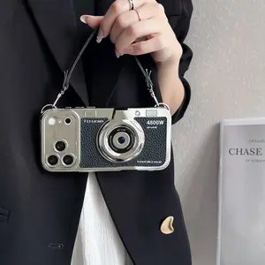 Luxury Retro Stereo Camera Case For iPhone17 16 15 14 Plus 13 12 11 Pro Max Leather Pattern with Lanyard Case