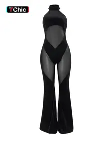 Women's Sheer Flare Leg Halter Neck Tulle Jumpsuit, Solid Sleeveless Drop Waist For Summer, Fashion Ladies Clothes Party Club, Fit, Bodysuit, Holiday Outfit, Elevated Basics, Trendy, Tropical Vibe, Breezy Comfort
