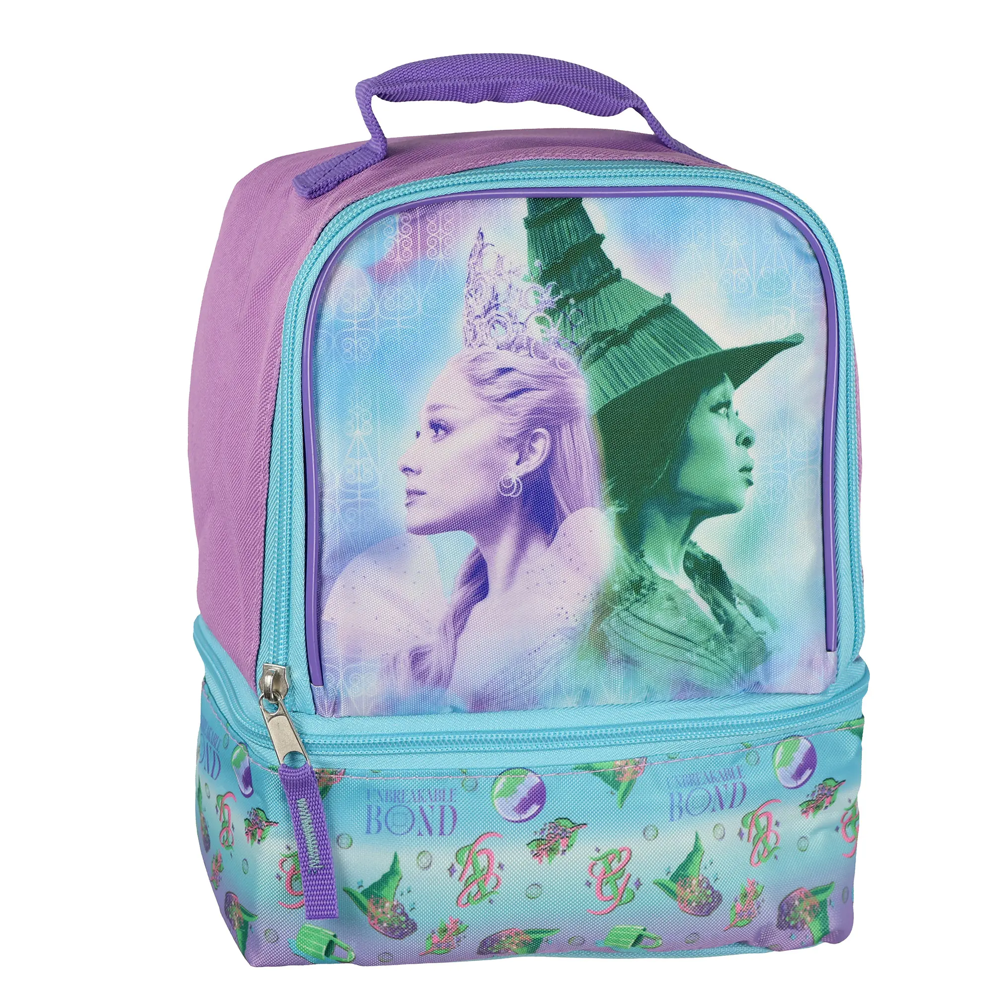 Wicked Character-Inspired Insulated Lunch Bag, Glinda & Elphaba Unbreakable Bond Design, Dual Compartment Synthetic Tote - 9" x 7" x 5", One Size, for Daily Use, Hand-Washable