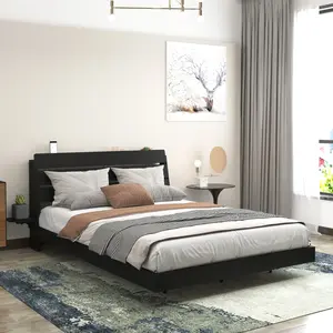 Queen Size Floating Bed Frame with Led Lights and Charging Station, Wood Queen Size Bed Frame with Storage Headboard, No Box Spring Needed, Easy Assembly