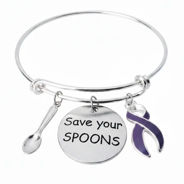 Save Your Spoons Bracelet – Spoon Theory Purple Awareness Silver Expandable Bangle Gift