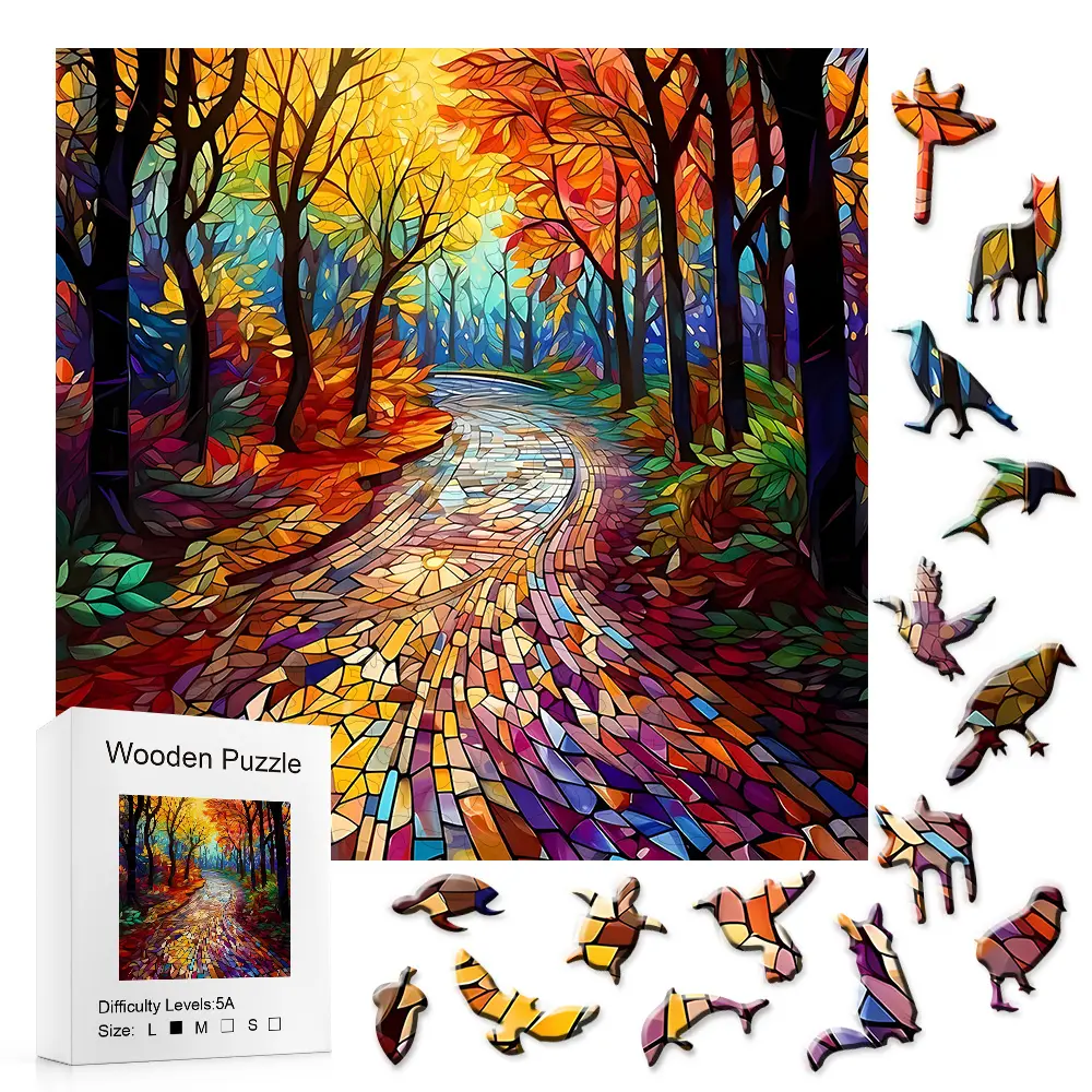 Aralia 5A Stained Glass Art Wood Block Jigsaw Puzzle - Vibrant Autumn Forest Path DIY Craft, Interactive New Hobby, Screen Time Alternative, Thoughtful Birthday Gift for Puzzle Enthusiasts (Boosts Artistic Charm, Creativity, Problem-Solving), Thoughtful G