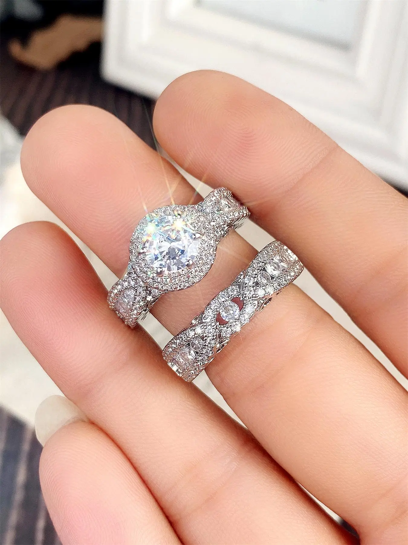 Elegant Women's Glittering Engagement Ring, 2 Counts Exquisite Trendy Ring, Fashionable Jewelry for Party & Daily Clothing Decor, Birthday Gift, Jewelry Gifts, Fashion Engagement Rings