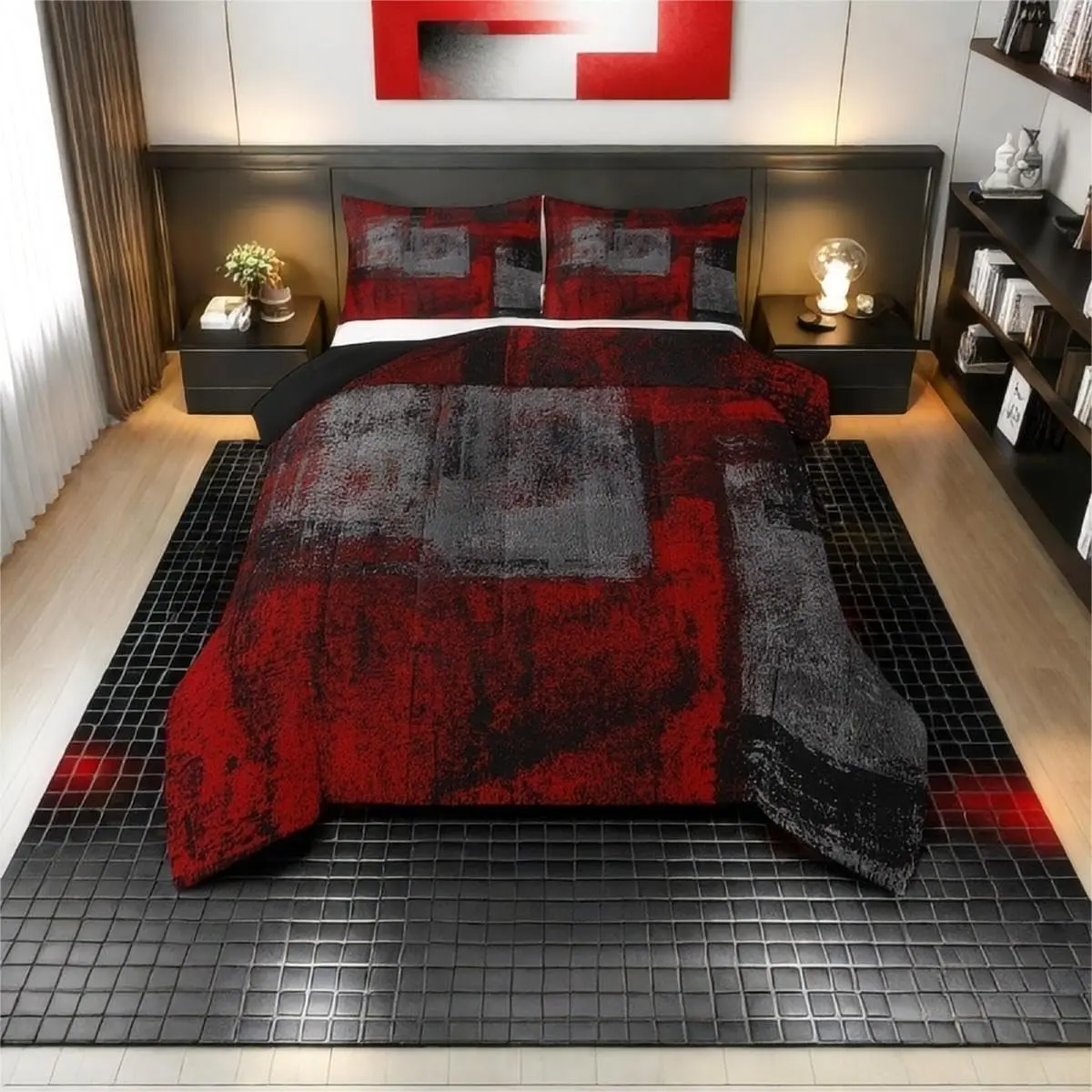 Feelyou Queen-King Microfiber Bed Set - All Seasons Duvet Insert & Queen Comforter Set, Including Red-Black-Dark Grey Watercolor Abstract Quilt, Vintage Hippie Graffiti Oil Painting Style Bedding