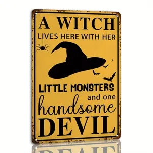 Witch Lives Here with Her Little Monsters & Handsome Devil Vintage Halloween Tin Sign - 8x12 Inch Rustic Aluminum Wall Decor, Waterproof Indoor/Outdoor Metal Sign with HD Printing, Easy to Install - Perfect Gift for Halloween, Halloween Decorations, Spook
