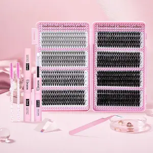 Mixed Length Eyelash Extensions Kit, Including 10D 20D 30D 40D 50D 60D 80D 100D Eyelashes, Eyelash Glue, Tweezers and 2 Brushes, Professional Eye Enhancement Tools, Makeup, Eyelash Cluster Kit Cosmetic, DIY Cluster Lash