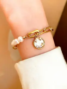 Freshwater Pearl Decorated Bracelet, Rhinestone Smiley Face & Number 5 Charm Bracelet, Elegant Handcrafted Bracelet for Women & Girls, Pearl Beaded Bracelet, Pretty Bracelet