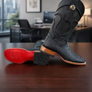 PIT NEGRO Black Leather Cowboy Boots with Red Sole and Gold Button Detailing for Men's Fashion