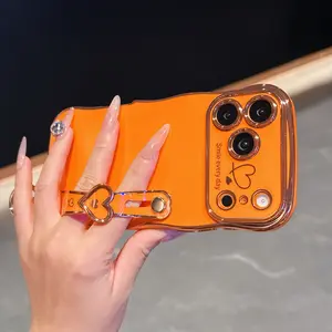 Electroplated Dual Heart Wave Large Window Phone Case, Cover, Casing, Accessories, Heart Wrist Strap, Vibrant Colors, Protection, Fits iPhone 11/12/13/14/15/16/17 Pro/pro Max/plus