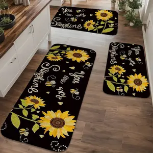 1/2/3 PCS, Yellow and Black Sunflower Bee Heart 2D Flat Printing Pattern, Home Decor, Home Mat Set, Suitable for Kitchen and Bathroom, Soft and Thick Indoor Entrance Rug, Non-Slip and Easy-to-Clean Bottom, Long Strip Rug, Floral Area Rugs