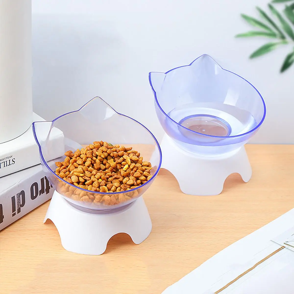 Random Color Cat Ear Design Pet Feeding Bowl with Base, Clear Pet Feeder Bowl, Pet Food Bowl, Dog & Cat Accessories, Feeding Supplies