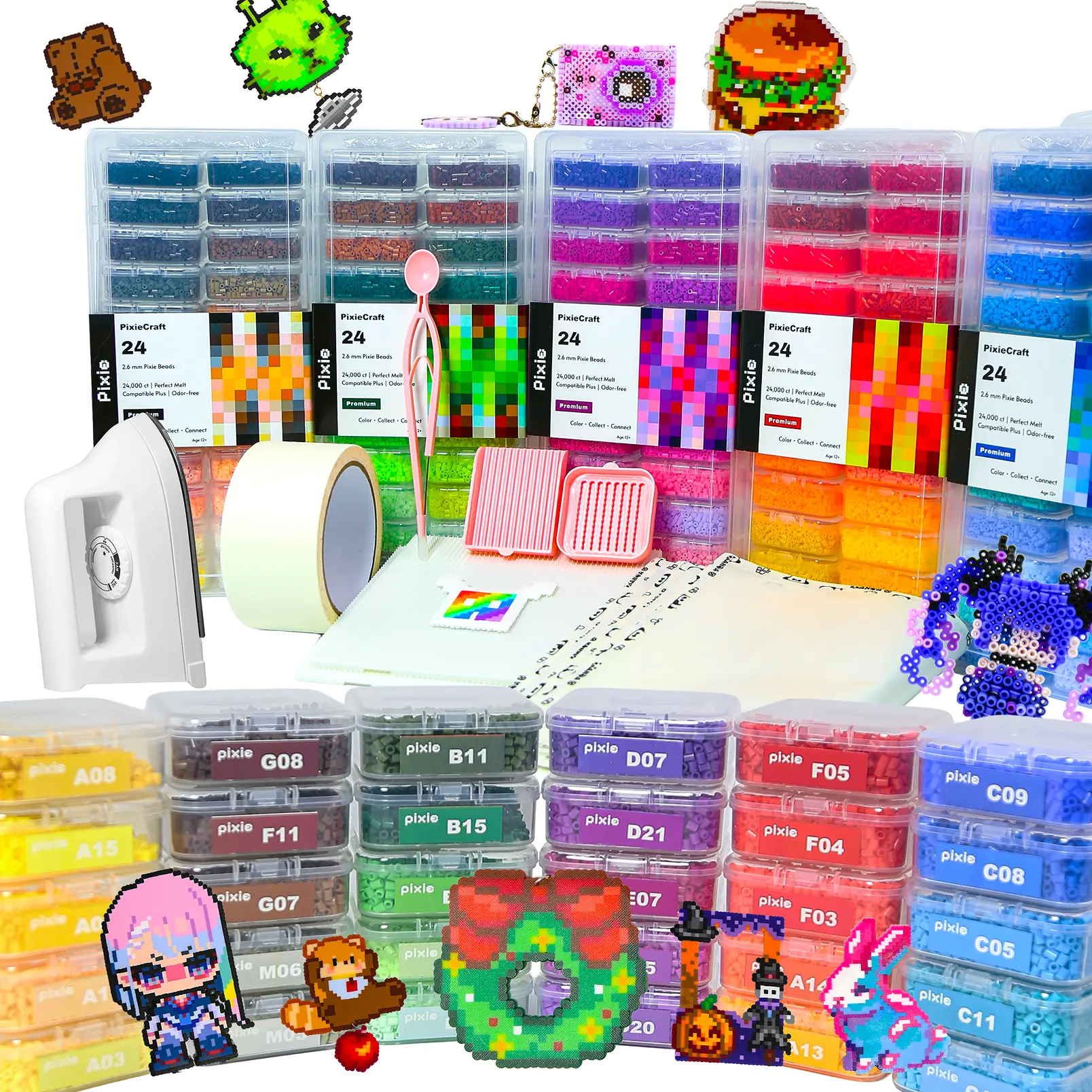 PixieBeads Ultimate Visionary Mega Set, 120,000 2.6mm Fuse Beads Kit, 120-Color PixieBeads 131 pcs with Storage, Pegboards, Iron, Tweezers, Trays, Bead Pen, Mats, All-in-One Kit