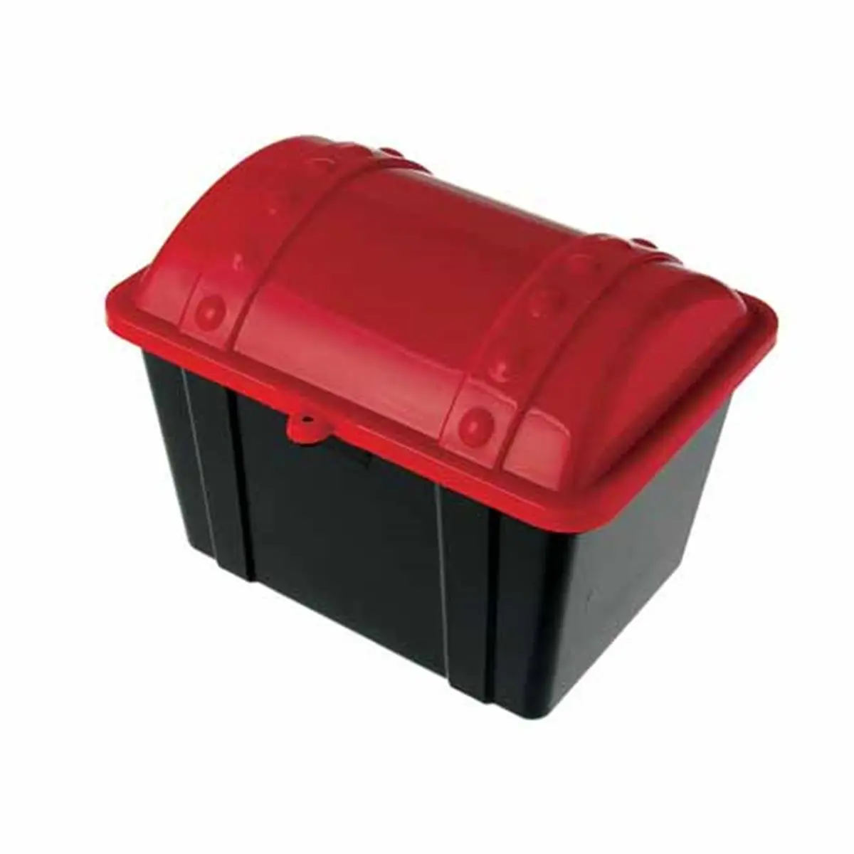 US Toy Company Plastic Treasure Chest with Lid, Red-Black, Office Presentation Supply, Classroom Reward Bucket, 9-1/2" l x 7" w x 7-1/2" t, Great for Pirate Parties, Party Game