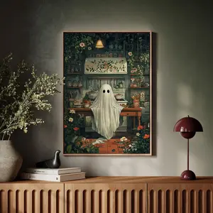 Vintage Cottagecore Ghost Kitchen Wall Art - Whimsical Floral Décor for Cozy Farmhouse or Rustic Autumn Aesthetic, Unframed | 5 size, 8x12 to 27x40 inch