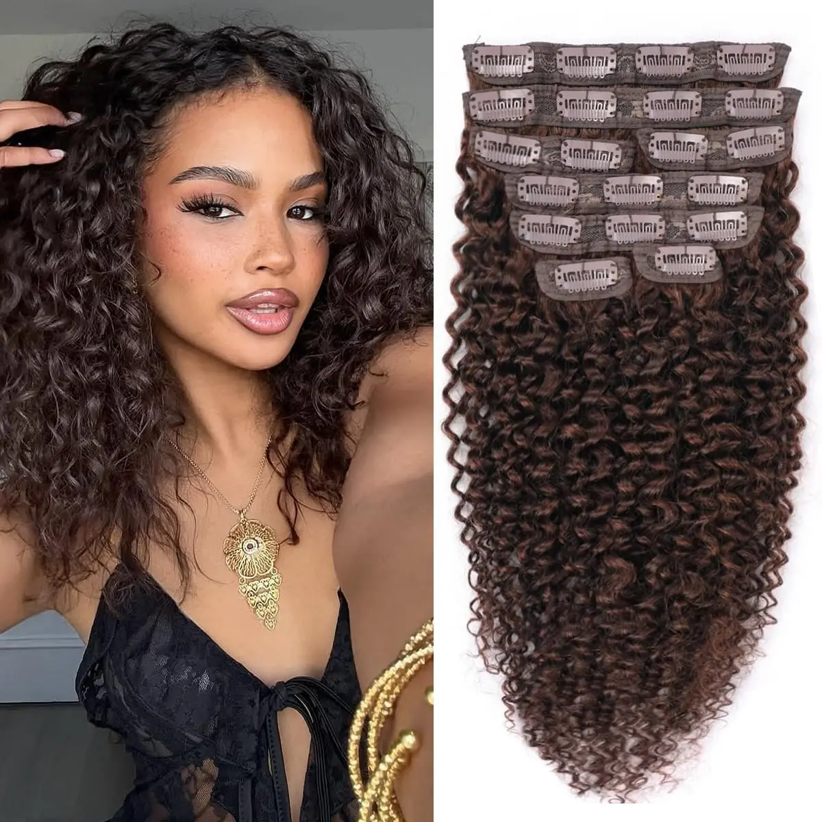 Chocolate Brown Kinky Curly Clip Ins 3C 4A Curly Clip In Hair Extension Real Human Hair Brazilian Remy Human Hair Extensions Double Weft 8Pcs