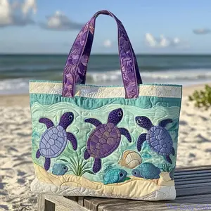 3D Floral Turtle Beach Print Canvas Tote Bag, Large Capacity Reusable Travel & Shopping Bag for Summer & Daily Use