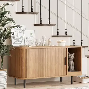 Vabches Cat Litter Box Enclosure with Cat Scratch Pad, Sliding Door, 37.4" Litter Box Enclosure Furniture Hidden Litter Box, Modern Indoor Cat House, TV Stand, Side End Table for Living Room