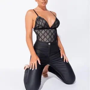 Designer G Bodysuit Slim-fitting V-Neck Black Black Black Black Black Black Black V-Neck Floral Plain Plain Slim-fitting Slim-fitting