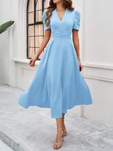 Elegant Plain Color Fitted Dress for Spring Summer, Waist-Cinch Slimming Design, Chic and Stylish Women's Clothing