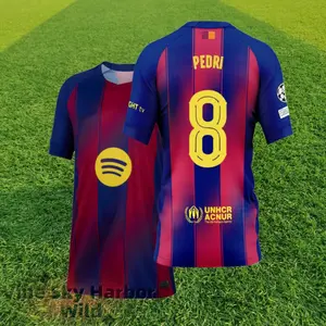 2526 Home Red  Blue No.8 Pedri Retro Short Sleeve Soccer  Football Jersey LALIGA