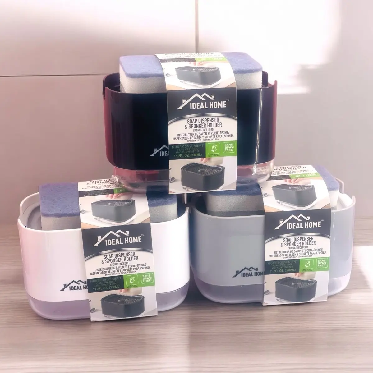 Dispensador de jabón para fregadero de cocina, dispensador de jabón líquido y soporte para esponja para encimera de cocina, esponja incluida