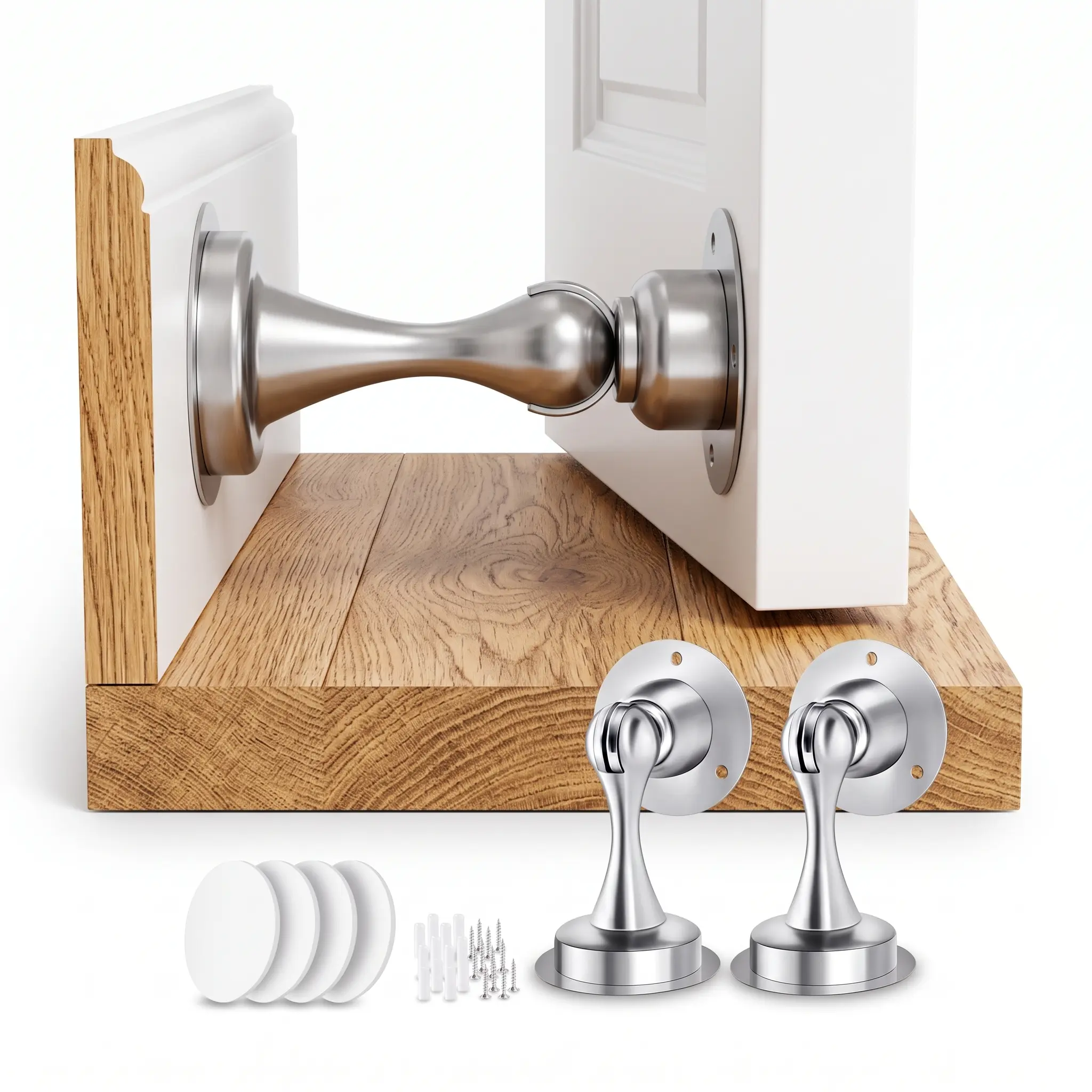 2-Pack Stainless Steel Magnetic Door Stoppers, Door Slam Stopper, Anti-Collision Decorative Frame Stops, No-Drilling 3D Adhesive Mount, Wall/Floor Protection Silver Hardware