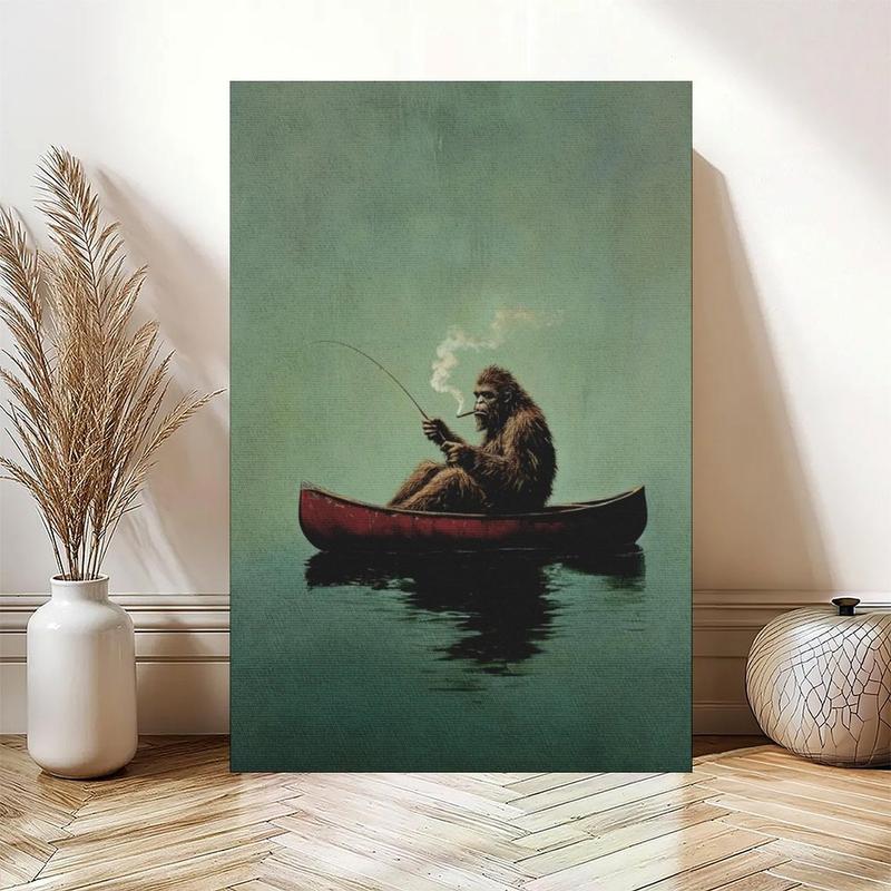 Bigfoot on A Red Canoe Fishing Retro Art Poster Or Canvas Print, Whimsical Sasquatch Wall Art, Lake House Wall Decor, Bigfoot Funny Poster
