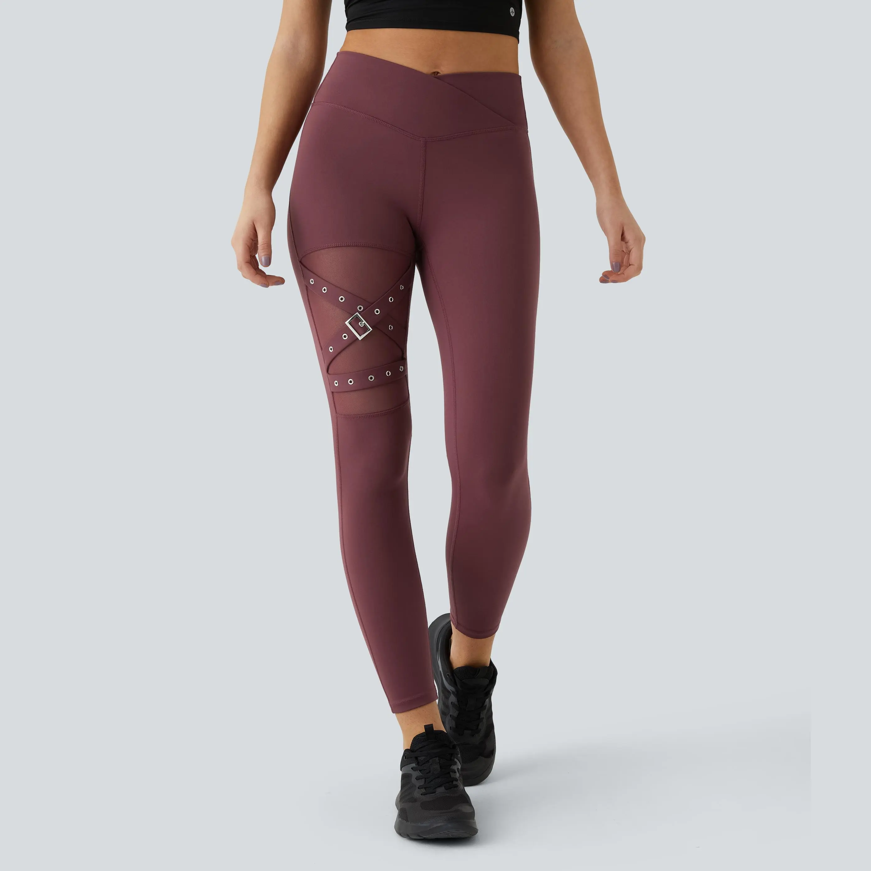 Halara High Waisted Crossover Contrast Mesh Decorative Buckle Yoga Leggings