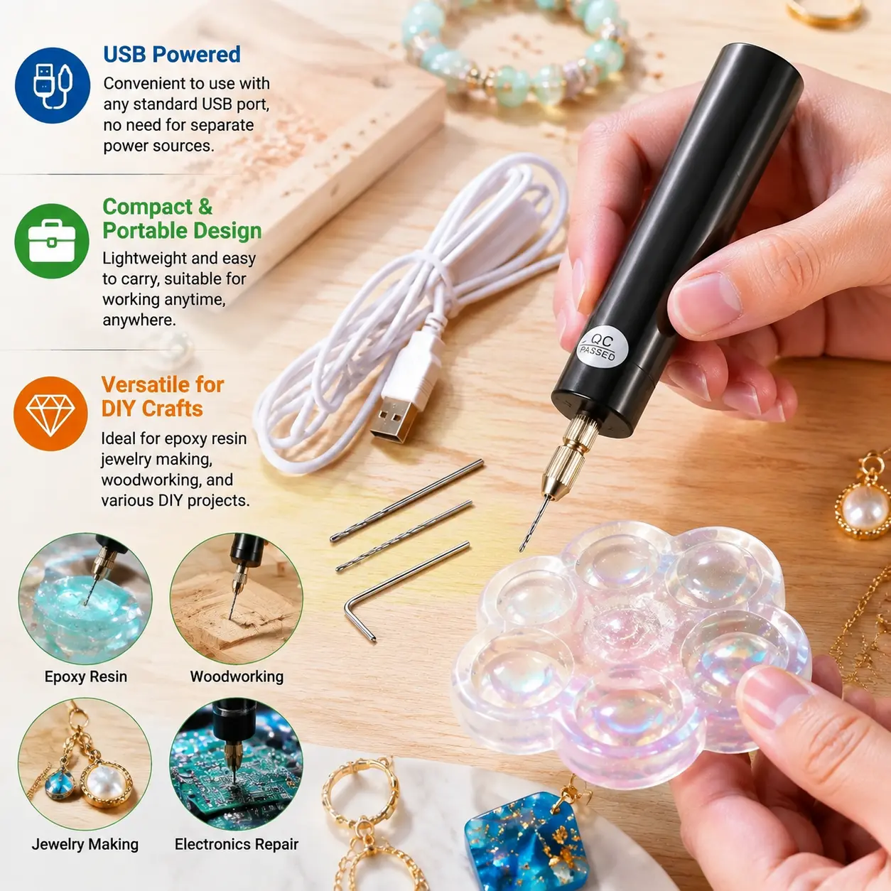 Mini Electric Drill Kit - USB Powered Precision Hand Drill with Drill Bits, Compact Rotary Tool for DIY Crafts, Resin Jewelry Making, Wood Engraving, Plastic & Model Projects, Portable Tool Set for Beginners and Hobby Makers