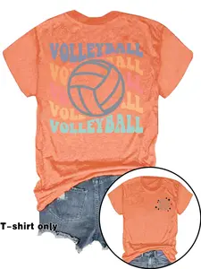 Women's Summer Casual Sporty Top Round Neck Short Sleeve T-Shirt, Daily Wear, Breathable Comfort, Vintage Volleyball Print, S-Xxl