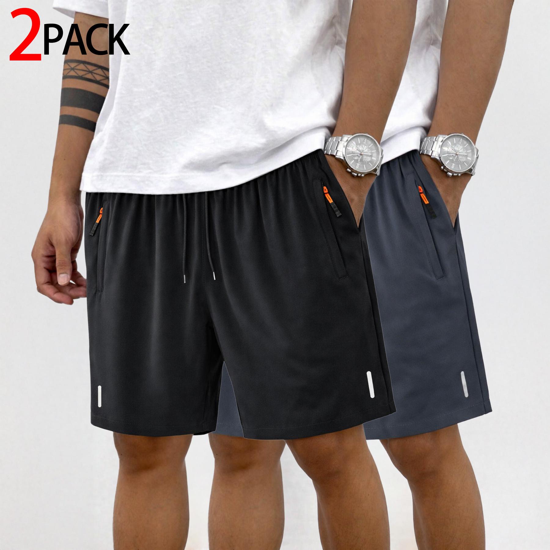 Men’s athletic shorts — running, fitness, casual, comfortable fit; elastic waistband with drawstring, zippered pockets, reflective details; suitable for training, walking, home wear, everyday use; two-pack.