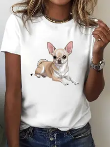 Women's White Casual Short Sleeve Round Neck T-Shirt - Realistic Chihuahua Pattern Print, Breathable Medium Stretch Fabric, Machine Washable, Comfort for All Seasons Spring Summer Soft Dog Theme Top