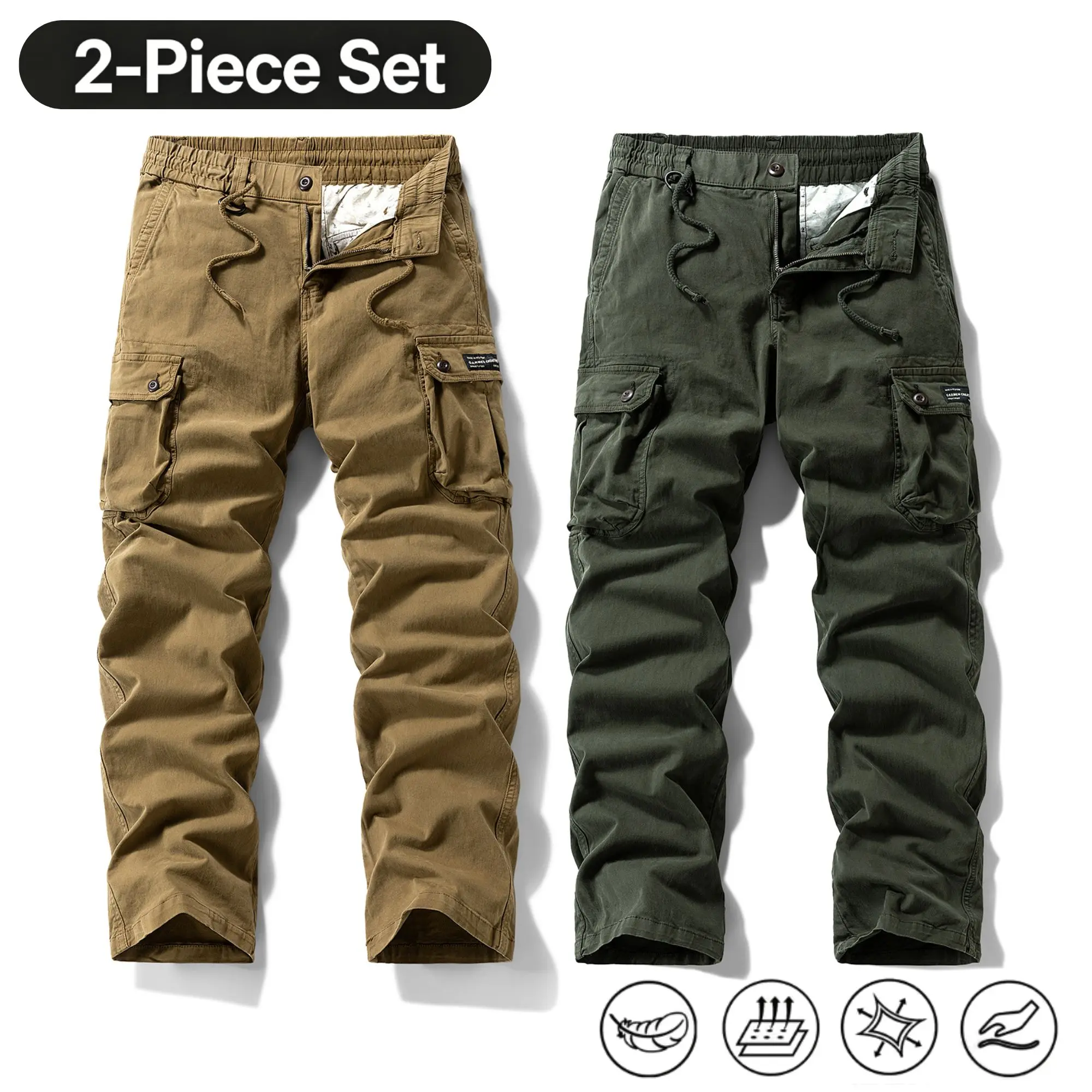 Men’s vintage workwear pants two-piece set — straight-leg long pants with a drawstring waist, suitable for everyday wear and commuting, casual style.