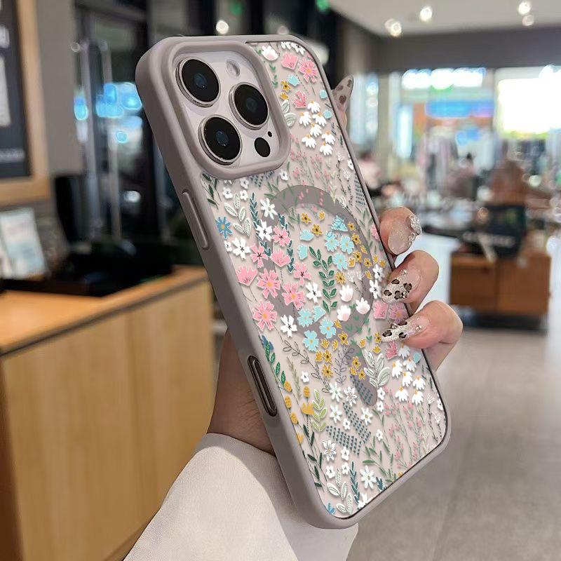Chic Botanical Graphic Phone Case Hand-Drawn Style Pink, Blue & Yellow Wildflowers Paired With Lush Greenery Featuring Built-In Strong Magnet Ring Blending Smooth Macaron Texture With Secure Magsafe Compatibility For iPhone 17 16 15 14 13 12 11 X XS