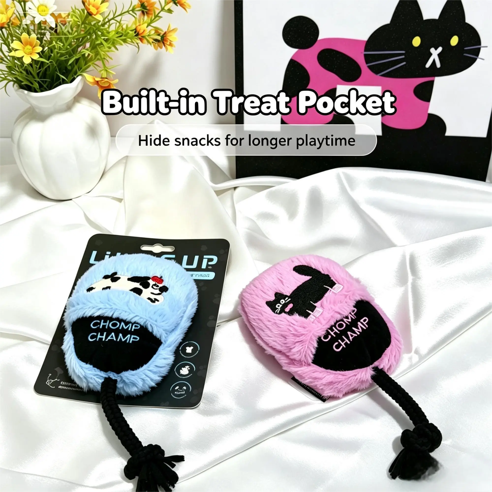 LÜÜKS UP WHIMSY TUGS Treat Dispensing  Plush Tug , Fluffy Slipper Shape Chew  with Built-in Snack Storage, Tear Resistant Rope   for Small Medium  squeaky  toys interactive dog Rechargeable Ball Launcher cheese block squeeze toy