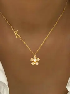 Women's Initial Zirconia Flower Pendant Necklace, Stainless Steel Chain, Casual Fashion Jewelry for All Seasons, Pendant with Zirconia
