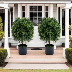 Artificial Topiary Trees Set of 2  Fake Topiary Boxwood Ball Tree no Fruits  Faux Shrubs Plants Green Decor Indoor Porch Garden Decorative Plastic Pot Room-C