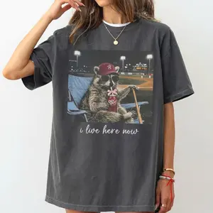 Comfort Colors Funny Raccoon I live Here Now Shirt, Ballfield Dark Shirt, Baseball field, Raccoon Drinking Dr. Pepper Tee, Baseball Mama Tee OW1