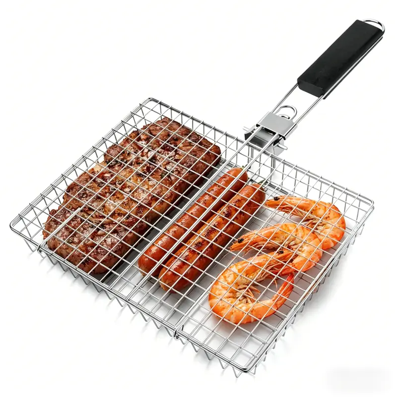 summerwins Rectangular Carbon Steel Outdoor BBQ Grill Net - Single Roomier Sheet Grid Rack with Handle, Thick Durable Barbecue Utensils for Home & Festive Supplies