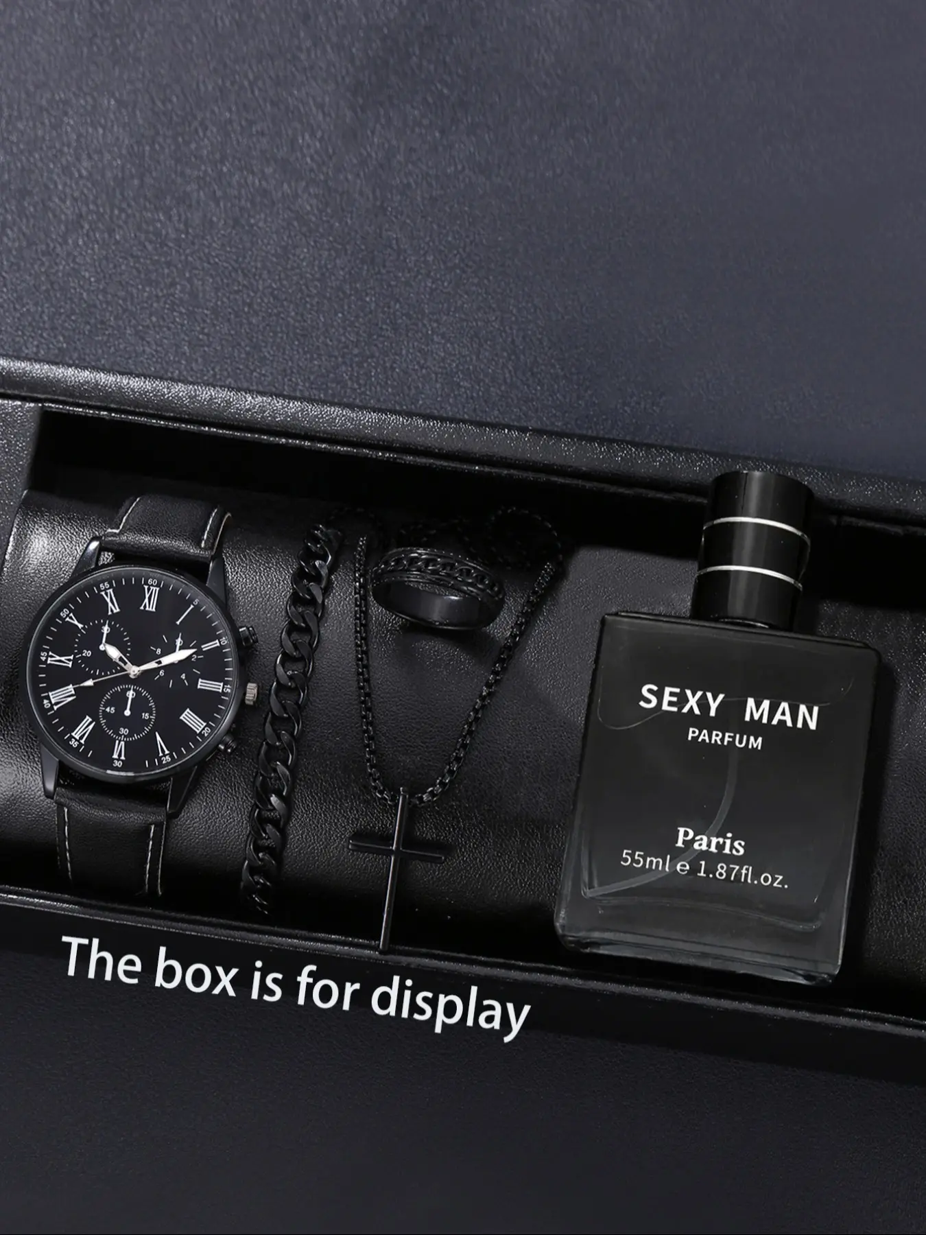 Men's Analog Quartz Jewelry Watch Set with Perfume & Pendant Necklace Bracelet Ring, Perfect Gift for Father's Day Thanksgiving Back-To-School Birthday