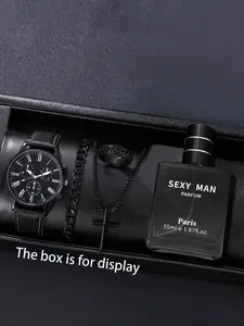 Men's Quartz Watch Set with Perfume & Pendant Necklace Bracelet Ring, Perfect Gift for Father's Day Thanksgiving Back-To-School Birthday
