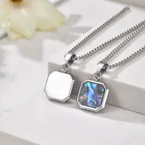 Men's 316L Stainless Steel Square Tag Design Abalone Shell Pendant Necklace (60cm)