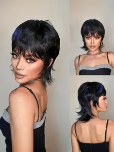 Short Mullet Pixie Cut Wigs, Synthetic Hair, 80-90s Style, Wear-And-Go Glueless, Short Straight Bob Wig with Bangs