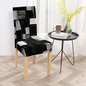 Black and white geometric splicing pattern polyester printed Dining Chair Slipcover, modern minimalist style, rich texture layers, black background and white block staggered design, fashionable and versatile, suitable for various home scenes